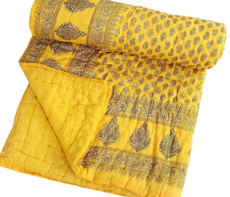 LOARSHY Pure Cotton Floral Quilt | Lightweight and Warm Jaipuri Rajasthani Single Bed Razai | Soft Razai for Winters |Gift Item (Yellow) - Image 1