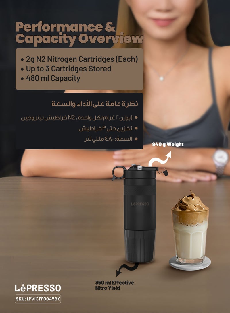 LePRESSO Nitro Brew Cold Coffee Maker with Pressure Gauge 480mL / Nitrogen Gas Bulb Storage / Integrated Pressure Gauge / Removable Tritan Cup / Ceramic Brewing Chamber / Cold Coffee Machine - Black - Image 4