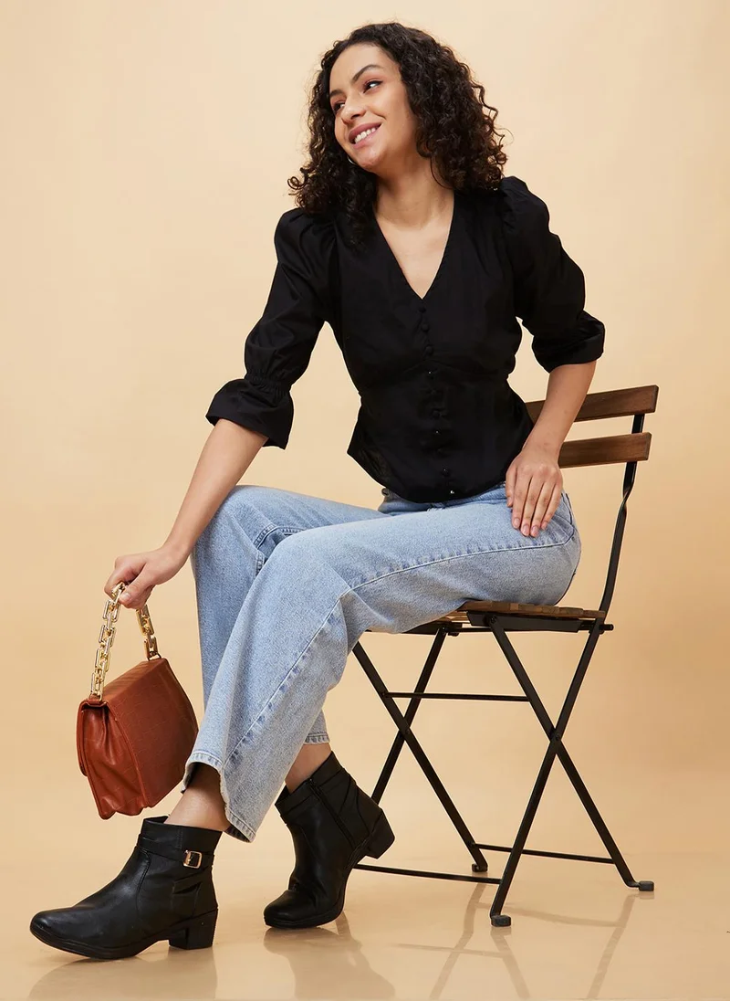 جلو باص بلوزة قطنية نقية برقبة على شكل حرف  للنساء