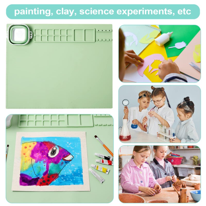 AWOKE Silicone Painting Mat for Table Protection - 20"X16" Washable Art Mat with 1 Water Cup for Kids - Craft Mat has 12 Color Dividers - 2 Paint Palettes (Green), Toddler Activities, Girl Boy Gifts - Image 5