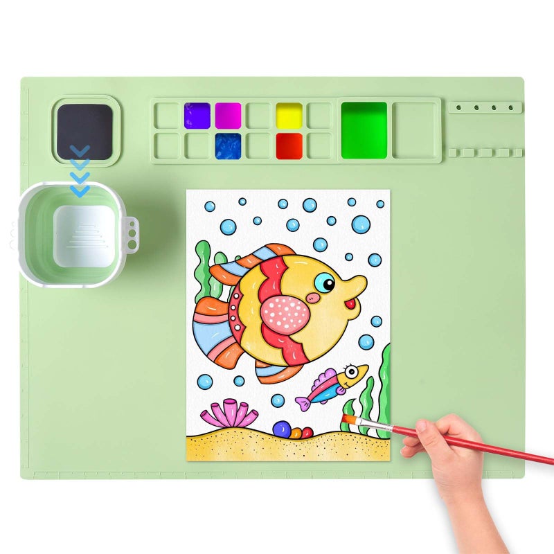 AWOKE Silicone Painting Mat for Table Protection - 20"X16" Washable Art Mat with 1 Water Cup for Kids - Craft Mat has 12 Color Dividers - 2 Paint Palettes (Green), Toddler Activities, Girl Boy Gifts - Image 1