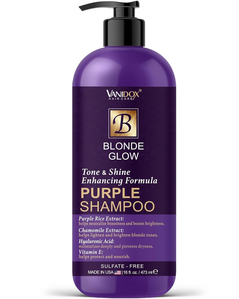VANIDOX Sulfate Free Brass Toning Purple Shampoo for Blondes, Brown Highlighted, or Bleached Hair, Infused with Purple Rice Extract, Hyaluronic Acid, Vitamin E, and Chamomile Extract (16 fl oz)
