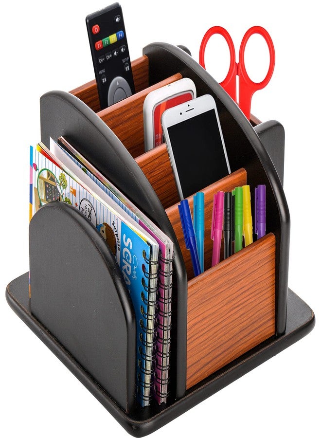 ديايو حامل أجهزة تحكم عن بعد دوار من الخشب من DEAYOU، حامل دوار لأجهزة التحكم عن بعد للطاولة، منظم تخزين مكتبي خشبي دوار بستة أقسام للأقلام، أقلام الرصاص، البريد، المكتب، المنزل، غرفة المعيشة - Image 5