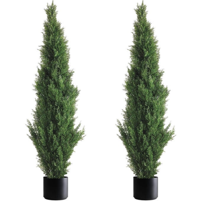 TWO 5 FOOT OUTDOOR ARTIFICIAL CEDAR TREES POTTED PLANTS
