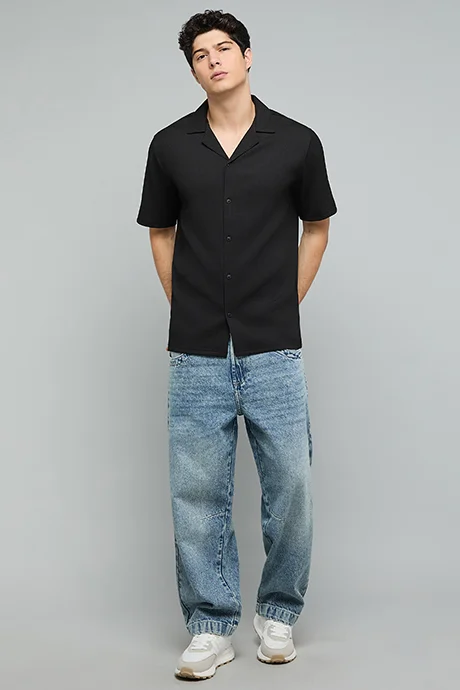 R&B Textured Shirt with Revere Collar and Short Sleeves