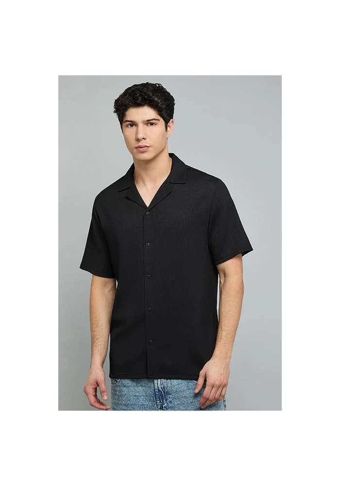 R&b Textured Shirt with Revere Collar and Short Sleeves