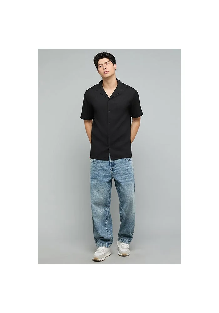 R&b Textured Shirt with Revere Collar and Short Sleeves