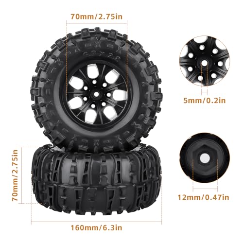 FriHobby PreGlued Huge OD 63160mm 110 RC Truck Tires and Wheels Set 28 RC Tires 12mm Hex for Traxxas Rustler Hoss Stampede 4x4 2WD Redcat Blackout 110 Scale RC Monster Truck Replacement - Image 5