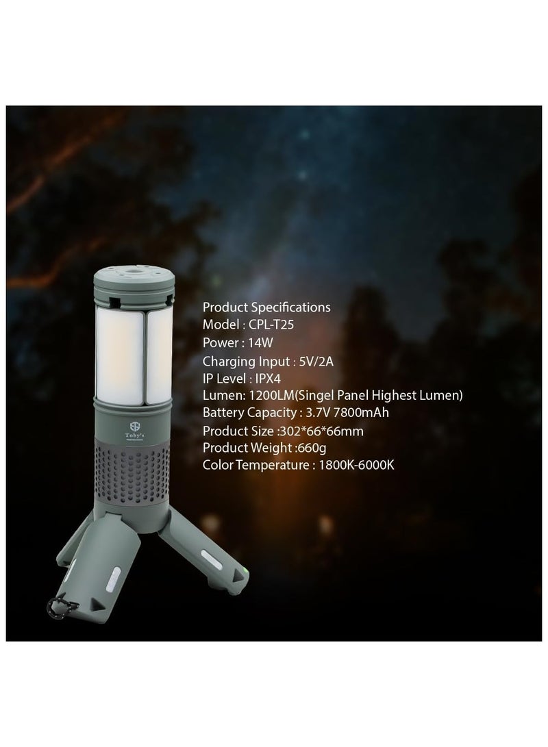 توبيز مصباح التخييم الخارجي CPL-T25 من توبي، قابل لإعادة الشحن ببطارية 7800 مللي أمبير، ارتفاع وسطوع قابلان للتعديل، 4800 لومن، مقاوم للماء IPX4، 3 أوراق إضاءة و4 ألوان مختلفة للتخييم والسفر وصيد الأسماك - Image 4