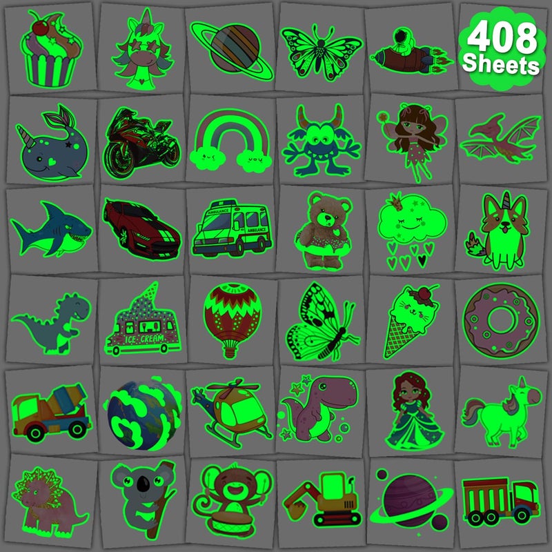 Charlent 408 Pcs Individually Wrapped Luminous Temporary Tattoos For Kids - Glow In The Dark Mixed Tattoos For Kids Birthday Party Favors Goodie Bag Fillers - Image 1
