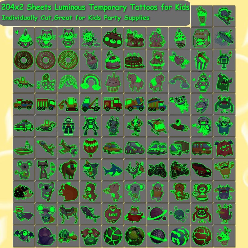 Charlent 408 Pcs Individually Wrapped Luminous Temporary Tattoos For Kids - Glow In The Dark Mixed Tattoos For Kids Birthday Party Favors Goodie Bag Fillers - Image 3