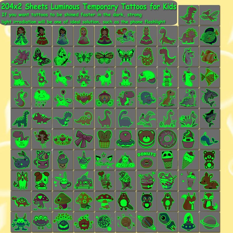 Charlent 408 Pcs Individually Wrapped Luminous Temporary Tattoos For Kids - Glow In The Dark Mixed Tattoos For Kids Birthday Party Favors Goodie Bag Fillers - Image 2