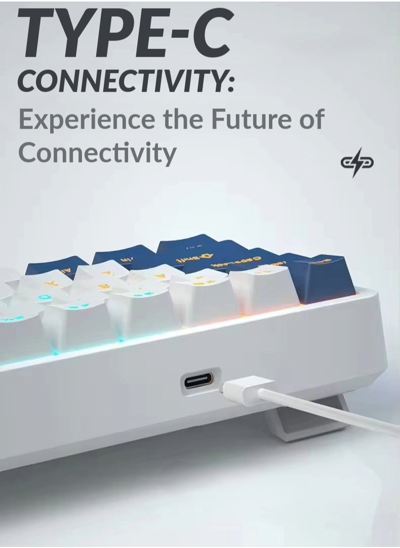 جنرال - كيبورد العاب ميكانيكي، 68 مفتاح، مفتاح احمر/ازرق، اضواء RGB، عربي، سلكي USB نوع C، مقاوم للماء والغبار أبيض إنجريدي - مفتاح احمر - Image 1