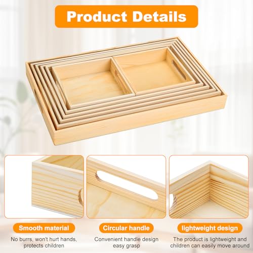 PONGJA Wooden Serving Trays with Handle - 7 Pieces Unfinished Wood Nested Breakfast Food Serving Trays for Craft Kids Montessori Snacks Home Decor Kitchen Party Dinner - Image 3