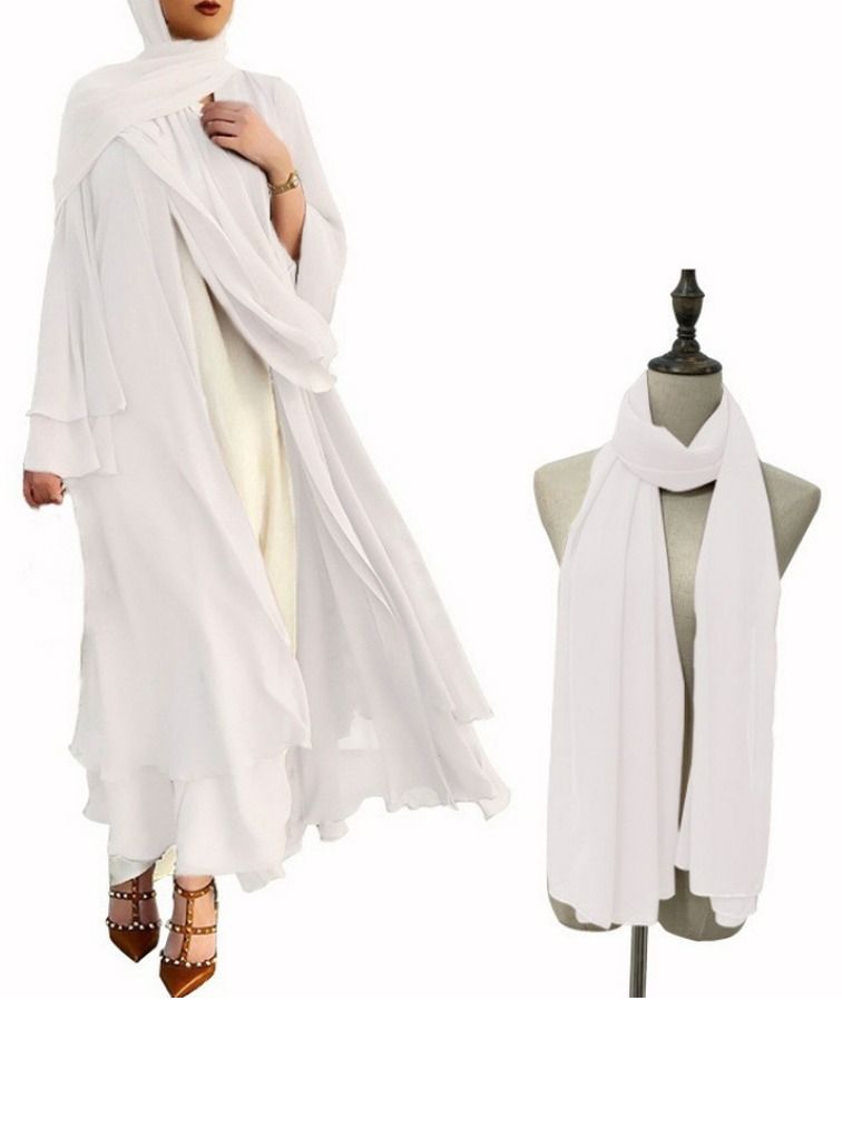 Loquat Women's Solid Color Flared Long-Sleeved Abaya with Turban Women's Elegant Long Cardigan Dress Two-Piece Set White 