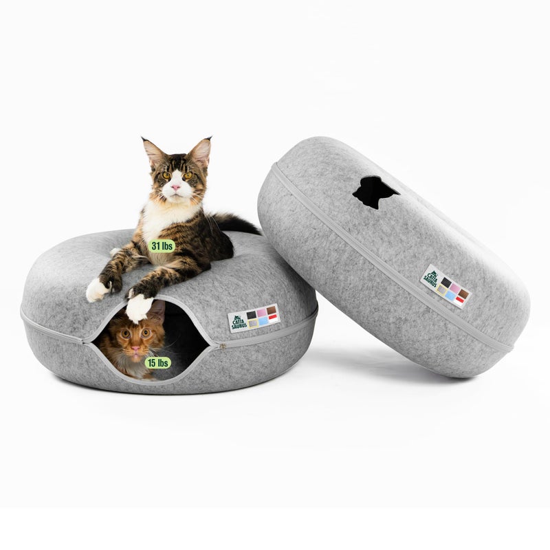 Cattasaurus Peekaboo Cat Cave Duo Jumbo Set, Extra Spacious Cat Donut for Multiple & Large Kitty 15+ lbs, Scratch Detachable Cat Beds for Indoor Cats, Washable Cat Tunnel Bed, Best Kitten Toys - Image 1