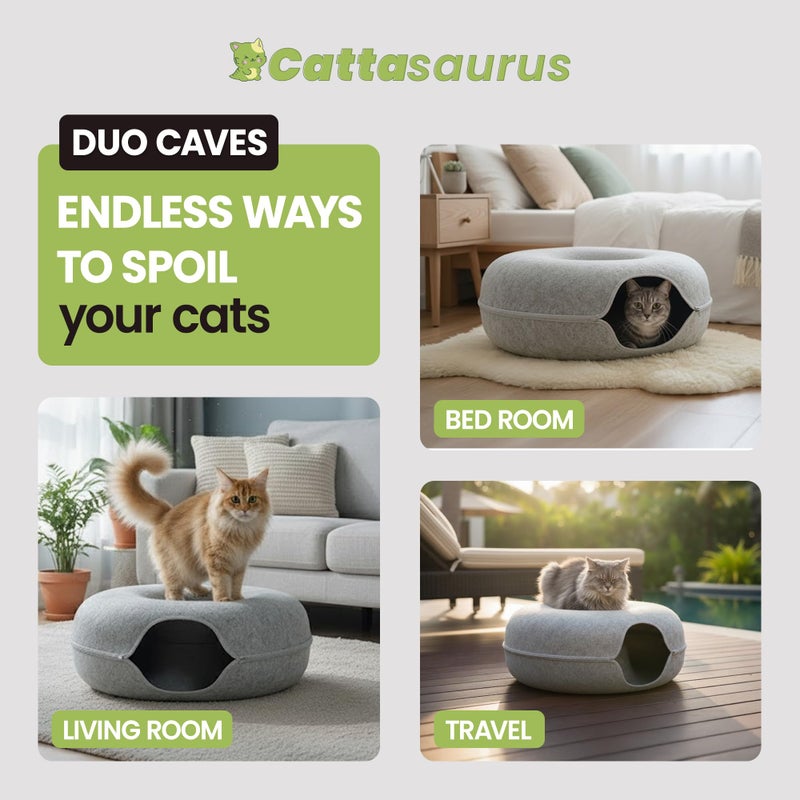 Cattasaurus Peekaboo Cat Cave Duo Jumbo Set, Extra Spacious Cat Donut for Multiple & Large Kitty 15+ lbs, Scratch Detachable Cat Beds for Indoor Cats, Washable Cat Tunnel Bed, Best Kitten Toys - Image 3