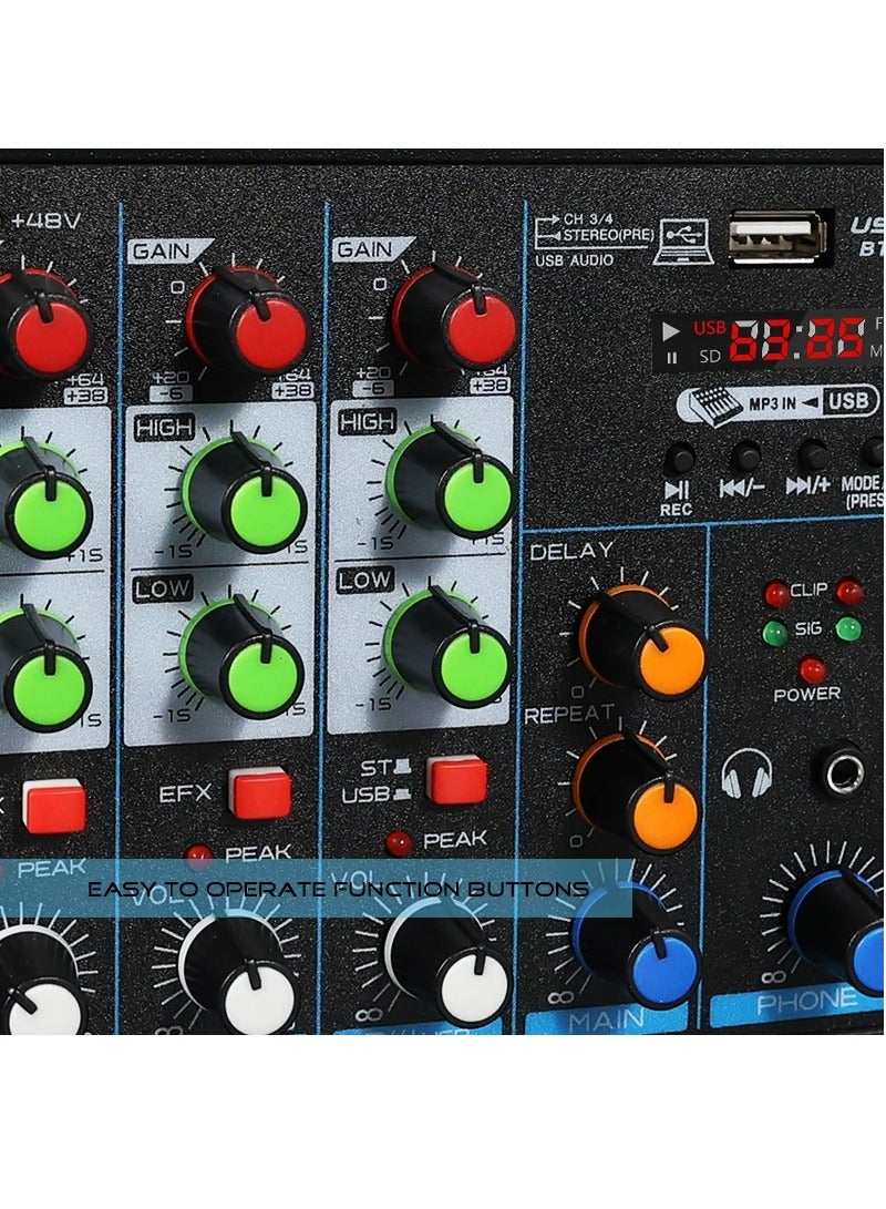 4 Channel Mixer, DJ Mixing Console, with Bluetooth, 48V Phantom Power Monitor Karaoke System USB Mixer Audio - Image 5