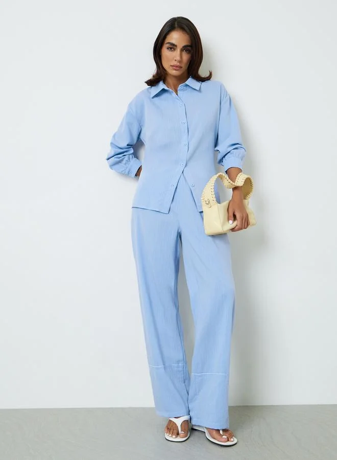 Blue Solid Buttoned Shirt and Loose Pants Co-Ords
