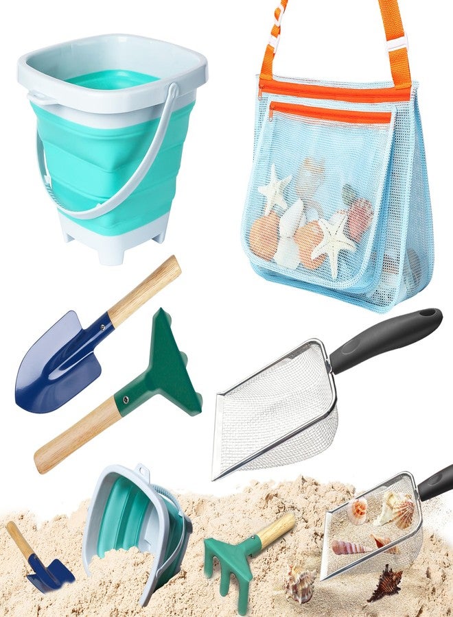LIDAGO 5 Pcs Sand Toys Beach Set Include 1 Metal Shovel,1 Metal Rake,1 Foldable Beach Bucket & 1 Sand Sifter with 1 Mesh Beach Bag for Shells Collecting - Image 1