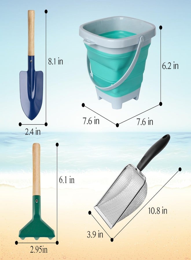 LIDAGO 5 Pcs Sand Toys Beach Set Include 1 Metal Shovel,1 Metal Rake,1 Foldable Beach Bucket & 1 Sand Sifter with 1 Mesh Beach Bag for Shells Collecting - Image 2