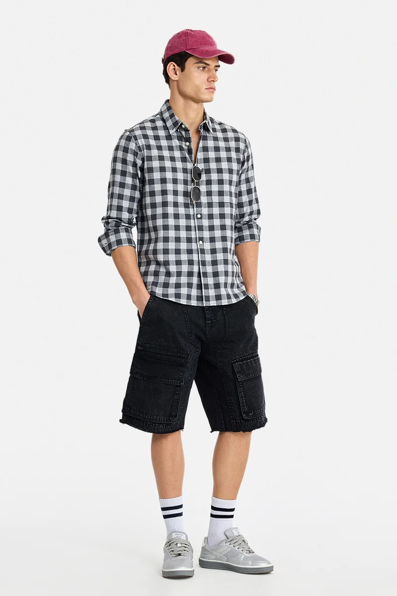 سنيتش Grey Checkered Long Sleeve Regular Fit Casual Shirt