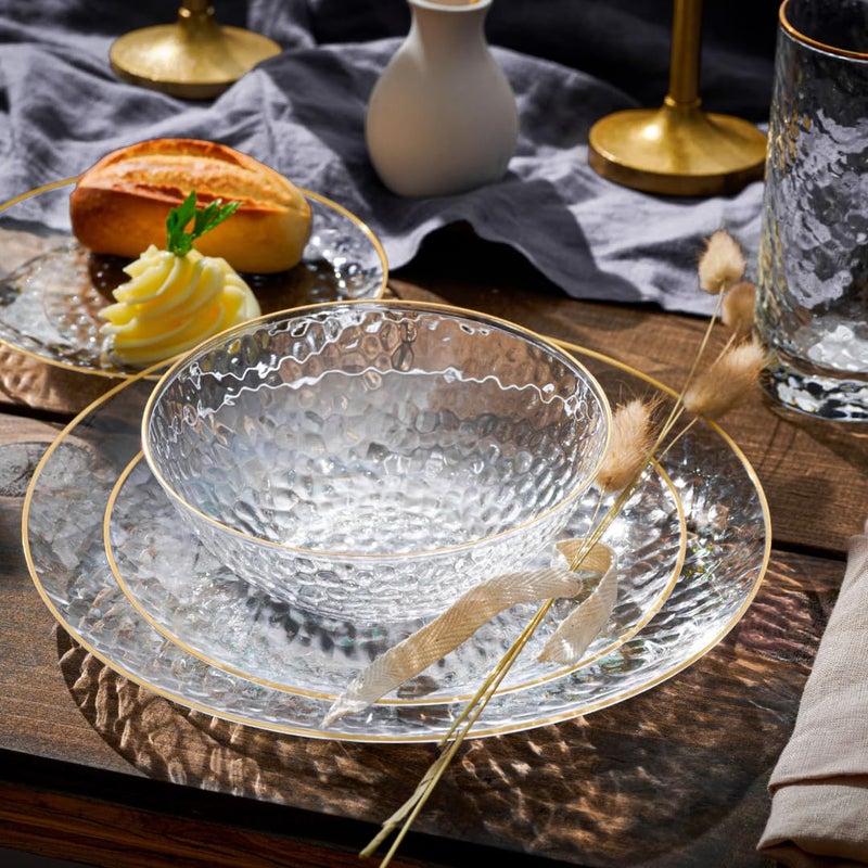 R-kay 100 Pack Clear Plastic Plates - 6.25 IN Hammered Gold Rimmed Sturdy, Durable And Extra Heavy duty Gold Plastic Dessert Plates Disposable - Ideal For Appetizer And And For Desserts. - Image 3