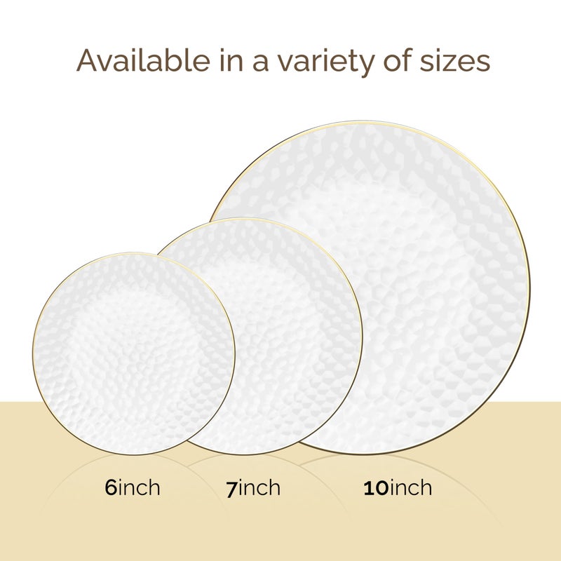 R-kay 100 Pack Clear Plastic Plates - 6.25 IN Hammered Gold Rimmed Sturdy, Durable And Extra Heavy duty Gold Plastic Dessert Plates Disposable - Ideal For Appetizer And And For Desserts. - Image 5