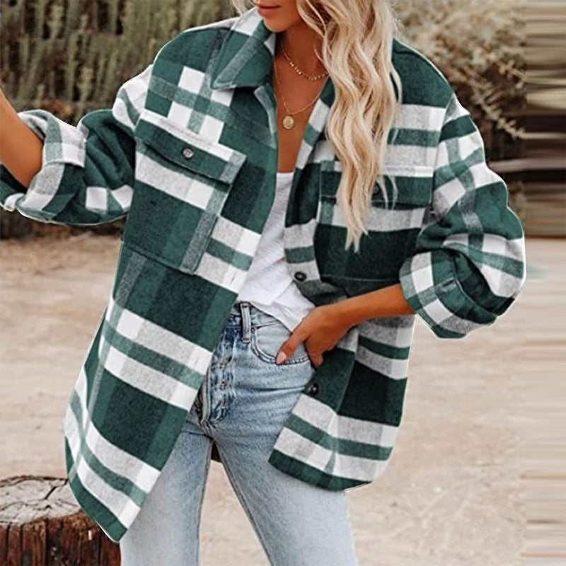 woobles Womens Plaid Shacket Casual Flannel Shirt Long Sleeve Corduroy Coat Button Down Fall Jacket Shacket 2022 Fashion Clothes Small 014-green - Image 2