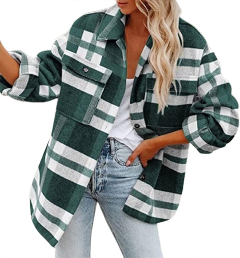 woobles Womens Plaid Shacket Casual Flannel Shirt Long Sleeve Corduroy Coat Button Down Fall Jacket Shacket 2022 Fashion Clothes Small 014-green - Image 1