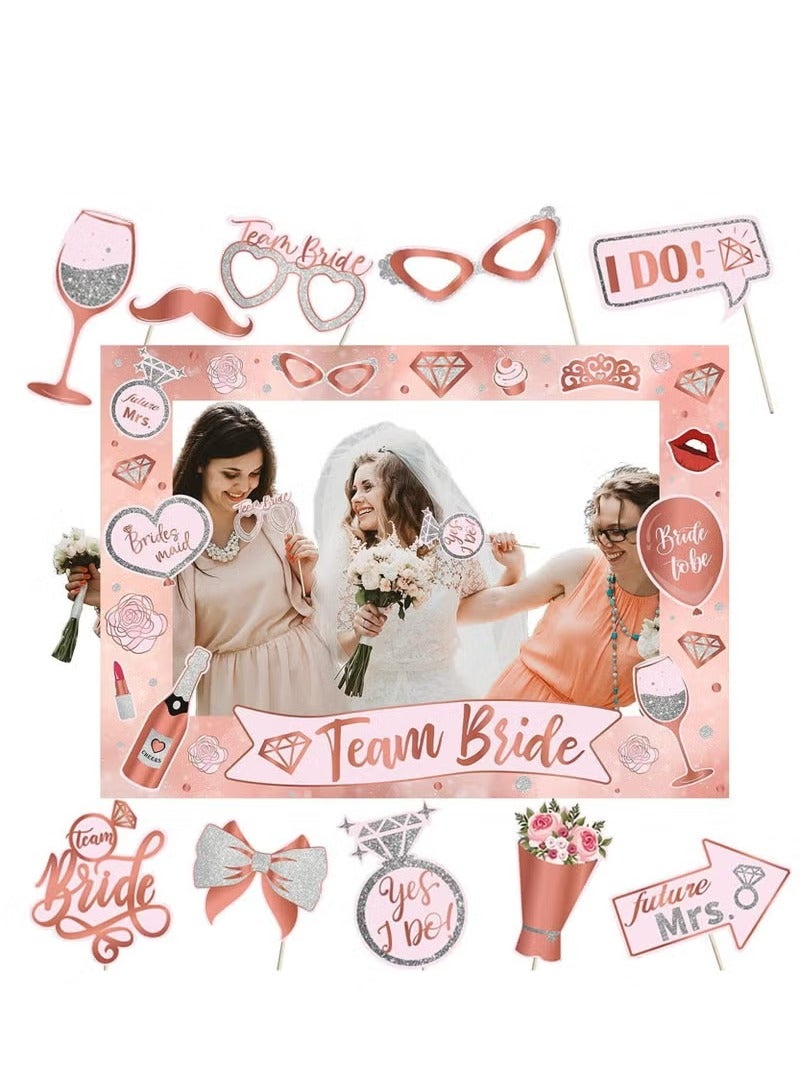 Hen Party Decoration-25Pcs Photo Booth Props,Rose Gold Team Bride and Groom Selfie Props Paper Photo Frame Hen Party Accessories for Wedding Engagement Bridal Shower Bachelorette Hen Do Party Games - Image 1