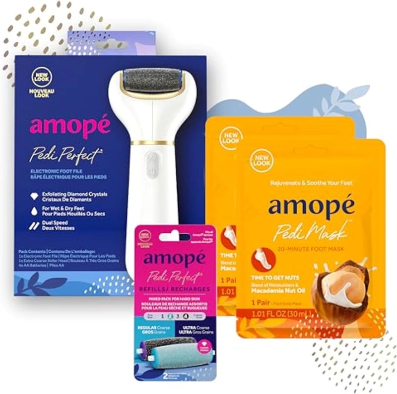 Amope Amopé Pedicure Value Kit, Spa Pampering Pack, Self-Care & Relaxation Gift, contains Pedi Perfect Electric Callus Remover Foot File, 2 Macadamia Oil PediMask Foot Masks, 2 Roller Heads – 4 pieces - Image 1