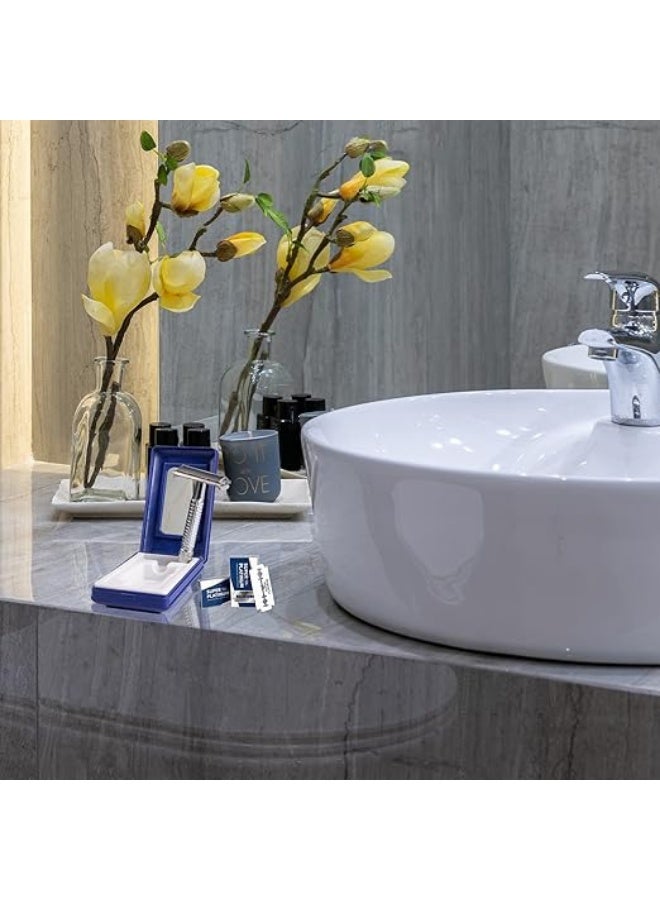 حلاقة شارب كلاسيكية للرجال، ماكينة حلاقة مزدوجة الحافة مع شفرة من الفولاذ المقاوم للصدأ، تشمل ماكينة حلاقة ومرآة، صندوق ماكينة الحلاقة - Image 2