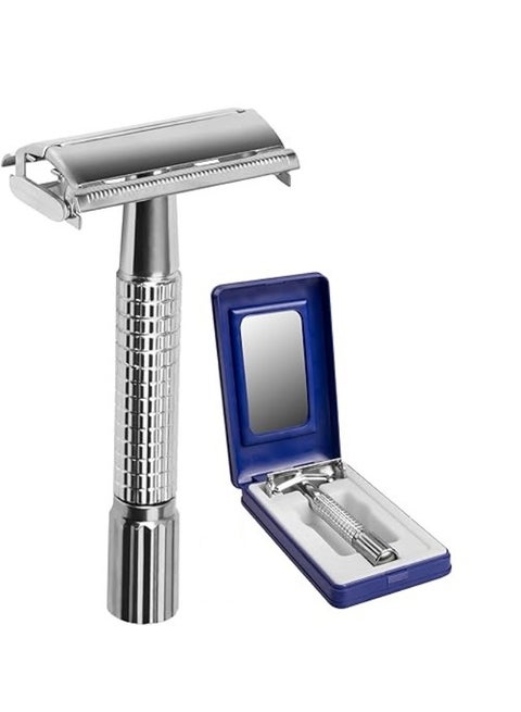 حلاقة شارب كلاسيكية للرجال، ماكينة حلاقة مزدوجة الحافة مع شفرة من الفولاذ المقاوم للصدأ، تشمل ماكينة حلاقة ومرآة، صندوق ماكينة الحلاقة