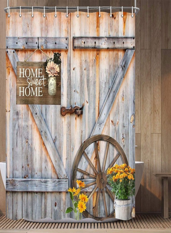 Jipusai Rustic Barn Door Shower Curtain for Bathroom, Western Farmhouse Yellow Daisy Floral Bath Curtain Sets,Fabric Countryside Wooden Cabin Decor Curtains with Hooks 70X72 in - Image 2