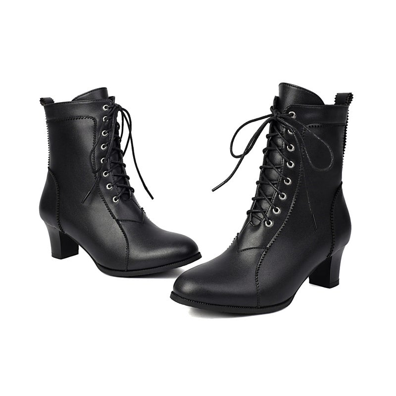 2025 Lazada Exterior Single Comfortable Mid-Heel Ankle Boots 40-48 Plus Size Front Lace-Up Solid Color Low-Barrel Martin Boots - Image 1