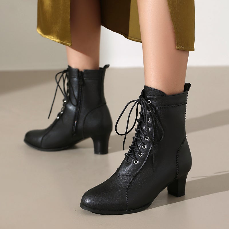 2025 Lazada Exterior Single Comfortable Mid-Heel Ankle Boots 40-48 Plus Size Front Lace-Up Solid Color Low-Barrel Martin Boots - Image 5