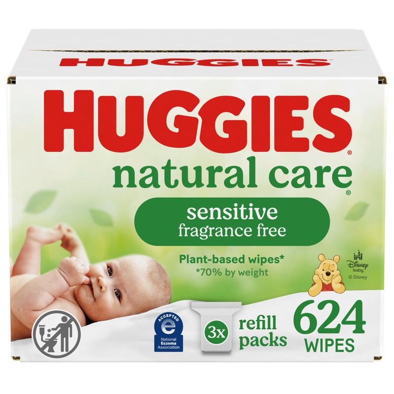 HUGGIES مناديل هاجيز الطبيعية للعناية الحساسة بالرضع، مضادة للحساسية، 99% ماء نقي، 3 عبوات إعادة تعبئة (624 منديل إجمالي) - Image 1