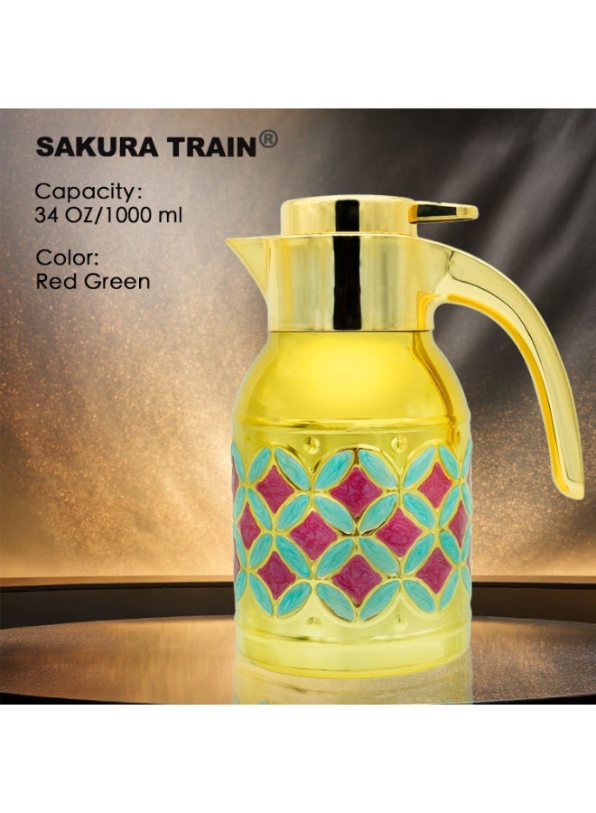 Sakura Train 1000ML Purely Hand-Painted Golden Luxury Thermal Coffee Carafe Insulated Stainless Steel Vacuum Coffee Carafe for Hot Liquids, Turkish Middle Eastern Style Stainless Steel Teapot Coffee Pot for Women, Men, Adults, Guests or For Tea Party - Best Gift Idea - Image 1
