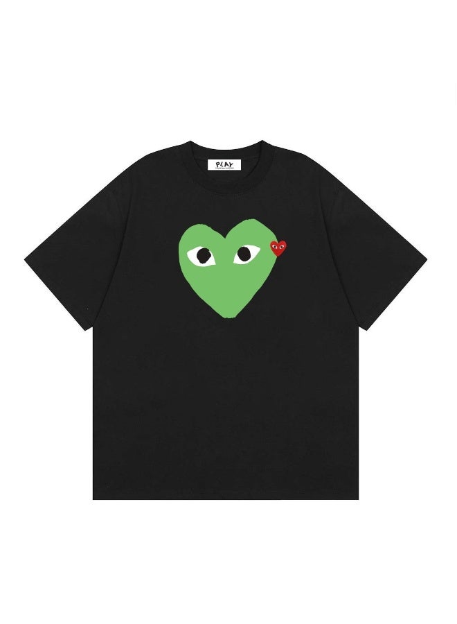 PLAY Design-Style Green Heart & Small Red Heart Print Black Oversized T-Shirt Size S - Image 1