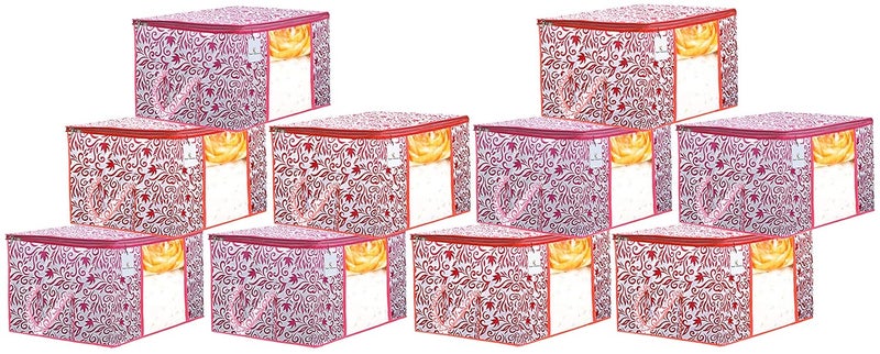 Kuber Industries Leaf Design 10 Piece Non Woven Fabric Underbed Storage BagCloth OrganiserBlanket Cover with Transparent Window Red Pink CTKTC41232 - Image 1