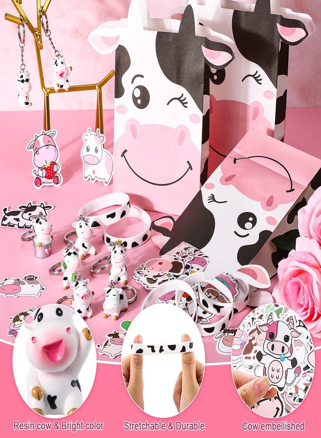 Fumete 122 Pcs Cow Party Favors Supplies Include Cute Cow Keychains and Silicone Bracelets Party Paper Bags Treat Bags Animal Stickers for Girls Kids Farm Animals Cowboy Birthday Christmas Gifts - Image 4