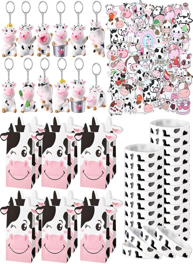 Fumete 122 Pcs Cow Party Favors Supplies Include Cute Cow Keychains and Silicone Bracelets Party Paper Bags Treat Bags Animal Stickers for Girls Kids Farm Animals Cowboy Birthday Christmas Gifts - Image 1