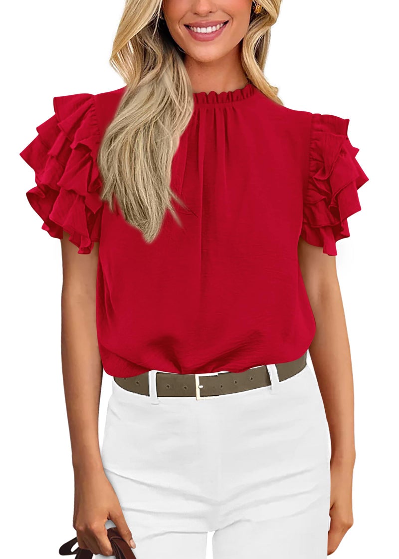 KIRUNDO Blouses for Women Dressy Casual 2026 Spring Summer Ruffle Short Sleeve Mock Neck Work Shirts Tops Fashion Clothing(Red, Medium) - Image 1