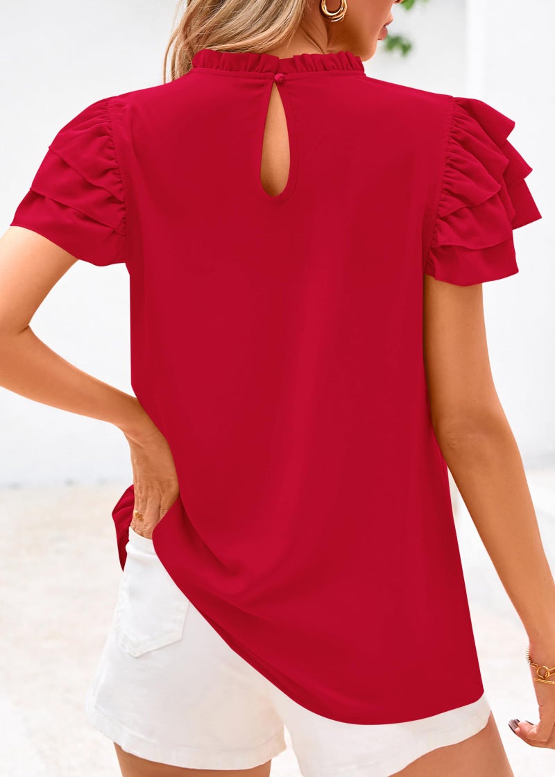 KIRUNDO Blouses for Women Dressy Casual 2026 Spring Summer Ruffle Short Sleeve Mock Neck Work Shirts Tops Fashion Clothing(Red, Medium) - Image 2