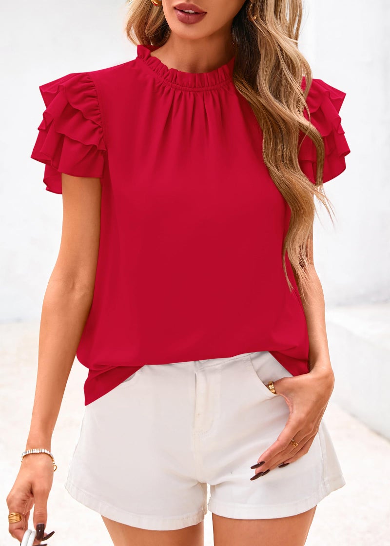 KIRUNDO Blouses for Women Dressy Casual 2026 Spring Summer Ruffle Short Sleeve Mock Neck Work Shirts Tops Fashion Clothing(Red, Medium) - Image 4