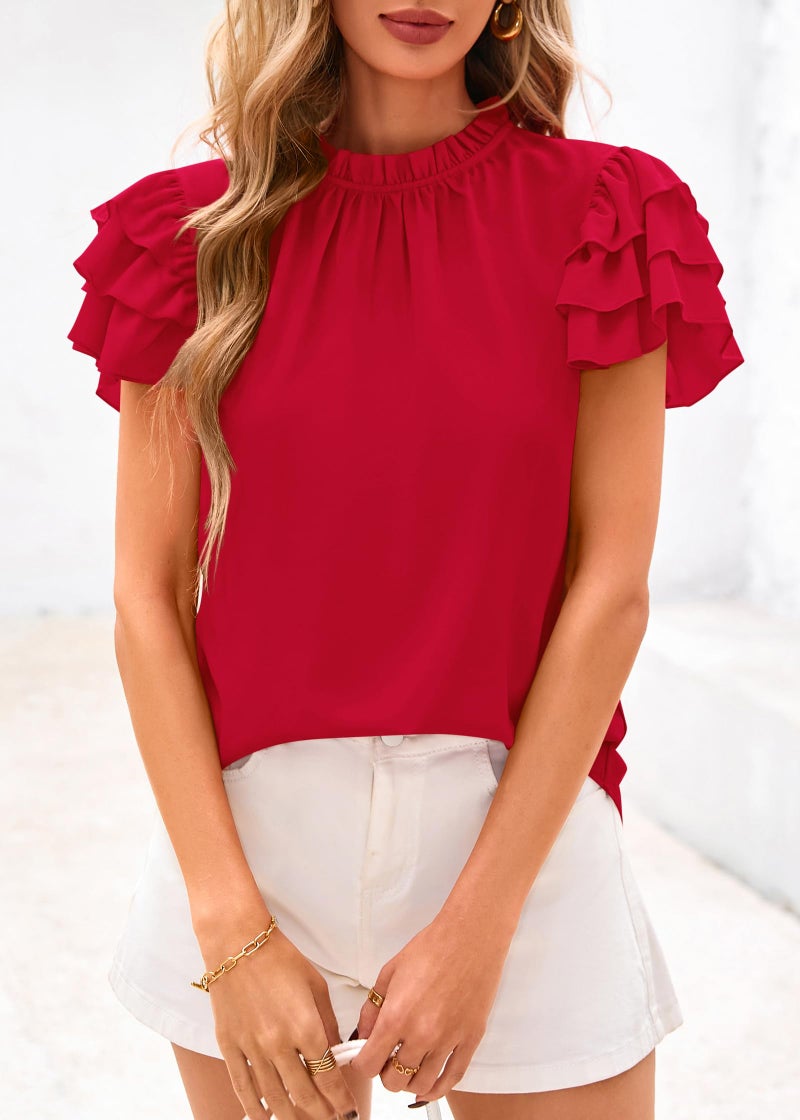 KIRUNDO Blouses for Women Dressy Casual 2026 Spring Summer Ruffle Short Sleeve Mock Neck Work Shirts Tops Fashion Clothing(Red, Medium) - Image 3