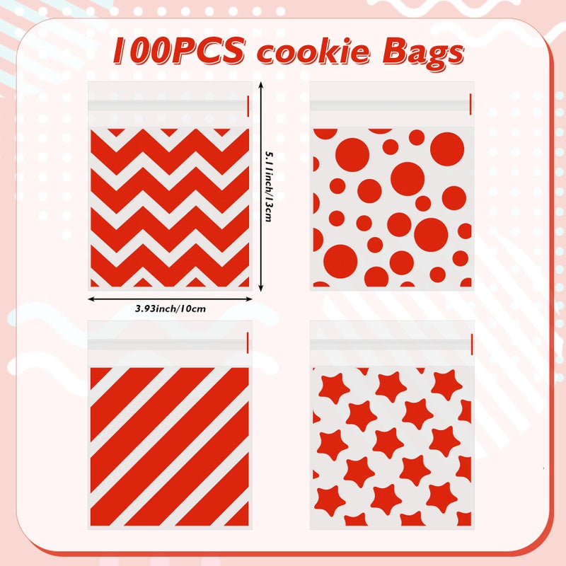 eowqeiur 100 Pcs Red Polka Dots Star Stripe Cellophane Bags(4X4 Inch) Self Sealing Cookie Treat Snack Goodie Candy Goody Gifts Bags For Graduation Christmas Birthday Holiday Party Favors Supplies Wrap - Image 2