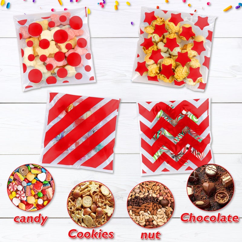 eowqeiur 100 Pcs Red Polka Dots Star Stripe Cellophane Bags(4X4 Inch) Self Sealing Cookie Treat Snack Goodie Candy Goody Gifts Bags For Graduation Christmas Birthday Holiday Party Favors Supplies Wrap - Image 3