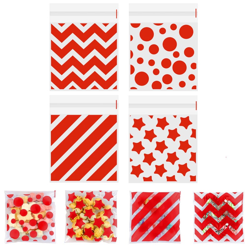 eowqeiur 100 Pcs Red Polka Dots Star Stripe Cellophane Bags(4X4 Inch) Self Sealing Cookie Treat Snack Goodie Candy Goody Gifts Bags For Graduation Christmas Birthday Holiday Party Favors Supplies Wrap - Image 1